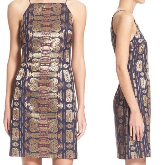 Tory Burch dress size 4 sheath tribal brocade India purple gold metallic y2k - Picture 9 of 16